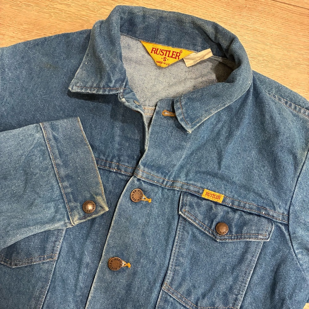 Vintage Rustler 13 oz Denim 70s 80s Made USA Medium Wash Trucker Jacket Size S